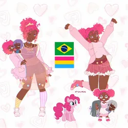 Size: 2048x2048 | Tagged: safe, artist:cryweas, derpibooru import, limestone pie, marble pie, maud pie, pinkie pie, earth pony, human, pony, alternate hairstyle, boots, brazil, choker, clothes, cute, dark skin, diapinkes, dress, ear piercing, earring, eyeshadow, female, freckles, high heel boots, hoodie, humanized, image, jewelry, jpeg, makeup, mare, mismatched socks, one eye closed, pansexual, pansexual pride flag, piercing, pride, pride flag, shoes, shorts, skirt, sneakers, socks, sports bra, sports shorts, stockings, striped socks, thigh highs, wink