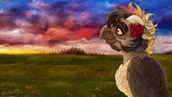 Size: 1920x1080 | Tagged: safe, artist:thatonegib, derpibooru import, oc, oc:alz riel-delano, unofficial characters only, gryphon, folded wings, griffon oc, image, jpeg, multicolored hair, scenery, smiling, solo, wings