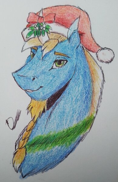 Size: 1208x1862 | Tagged: safe, artist:discbreaker100, derpibooru import, oc, oc:venomous stray, unofficial characters only, pony, unicorn, bust, christmas, hat, holiday, image, jpeg, male, mistletoe, portrait, stallion, tinsel, traditional art