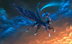 Size: 1280x791 | Tagged: safe, artist:das_leben, derpibooru import, princess luna, alicorn, pony, beautiful, blue eyes, blue mane, blue tail, cloud, crepuscular rays, crescent moon, crown, digital art, feather, female, flowing mane, flowing tail, flying, hoof shoes, horn, image, jewelry, jpeg, large wings, lipstick, logo, looking up, mare, moon, night, peytral, regalia, scenery, sky, solo, sparkles, spread wings, stars, tail, wings