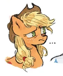 Size: 389x469 | Tagged: safe, artist:sacklumi, derpibooru import, applejack, pony, applejack's hat, confused, cowboy hat, hat, image, jpeg, simple background, solo, white background