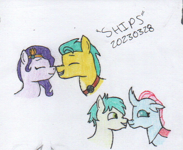 Size: 620x508 | Tagged: safe, artist:alejandrogmj, derpibooru import, hitch trailblazer, ocellus, pipp petals, sandbar, changedling, changeling, earth pony, pegasus, pony, g5, bust, female, hitchpipp, image, male, ocelbar, png, shipping, straight, traditional art