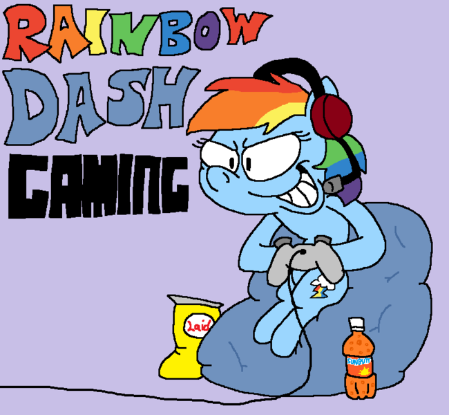 Size: 802x740 | Tagged: safe, artist:dragonboi471, artist:rainbowdashsmailbag, derpibooru import, rainbow dash, pony, chips, controller, drink, food, gamerdash, headphones, image, png, smiling, smirk, soda, solo