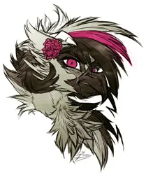 Size: 1117x1336 | Tagged: safe, artist:thatonegib, derpibooru import, oc, oc:alz riel-delano, gryphon, bust, flower, frown, griffon oc, horns, image, jpeg, long hair, looking at you, multicolored hair, portrait, rose, scar, scared, solo