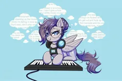 Size: 4096x2731 | Tagged: safe, artist:confetticakez, derpibooru import, oc, oc:vylet, unofficial characters only, pegasus, pony, antonymph, blue background, ear piercing, earring, female, glasses, headphones, image, jewelry, jpeg, keyboard, lying down, lyrics, musical instrument, pegasus oc, piano, piercing, prone, simple background, text, thought bubble, vylet pony, wings