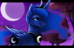 Size: 1066x695 | Tagged: safe, artist:greenstorm64, derpibooru import, princess luna, alicorn, pony, blue eyes, blue mane, blue tail, crescent moon, crown, digital art, ethereal mane, ethereal tail, eyelashes, eyeshadow, feather, female, flowing mane, flowing tail, folded wings, horn, image, jewelry, jpeg, lidded eyes, makeup, mare, moon, moonlight, night, peytral, regalia, smiling, solo, starry mane, starry tail, stars, tail, tree, wings