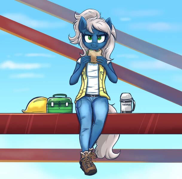 Size: 2048x2017 | Tagged: safe, artist:confetticakez, derpibooru import, oc, unofficial characters only, anthro, plantigrade anthro, clothes, construction, construction pony, female, food, hard hat, hat, image, jpeg, sandwich