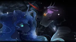 Size: 1280x704 | Tagged: safe, artist:pag0rki, derpibooru import, king sombra, princess luna, alicorn, pony, unicorn, black mane, blue eyes, blue mane, cloud, colored horn, crown, curved horn, digital art, ethereal mane, eyeshadow, fangs, female, flowing mane, glow, glowing eyes, horn, image, jewelry, jpeg, lidded eyes, looking at each other, looking at someone, lumbra, makeup, male, mare, red eyes, regalia, shipping, snow, sombra eyes, sombra horn, stallion, starry mane, straight