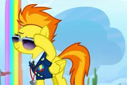 Size: 2160x1447 | Tagged: safe, derpibooru import, screencap, spitfire, pegasus, pony, the washouts (episode), clothes, cloud, cropped, drill sergeant, female, flag, flag pole, image, jpeg, mare, necktie, rainbow waterfall, solo, spitfire's whistle, suit, sunglasses, uniform, whistle, whistle necklace, wonderbolts dress uniform