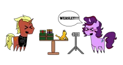 Size: 1227x651 | Tagged: safe, artist:equestriaguy637, derpibooru import, oc, oc:aramau, oc:firebrand, oc:weasley the cat, cat, pony, amused, aramau is amused, camera, clothes, firebrand is amused, glasses, image, jacket, photobomb, png, pointy ponies, simple background, speech, speech bubble, talking, transparent background