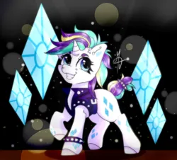 Size: 3069x2777 | Tagged: safe, artist:dark-reaper-0, derpibooru import, rarity, pony, unicorn, it isn't the mane thing about you, alternate hairstyle, clothes, female, grin, high res, image, jpeg, looking at you, mare, punk, raised hoof, raripunk, signature, smiling