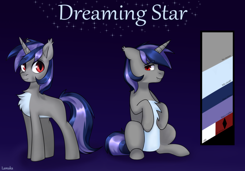 Size: 5000x3500 | Tagged: safe, artist:ghostpikachu, artist:lamaka, derpibooru import, oc, oc:dreaming star, unofficial characters only, bat pony, bat pony unicorn, hybrid, pony, unicorn, bat pony oc, bat wings, chest fluff, color palette, cute, fangs, horn, image, looking at you, male, ocbetes, pale belly, png, raised hoof, raised hooves, red eyes, reference sheet, solo, stallion, wings