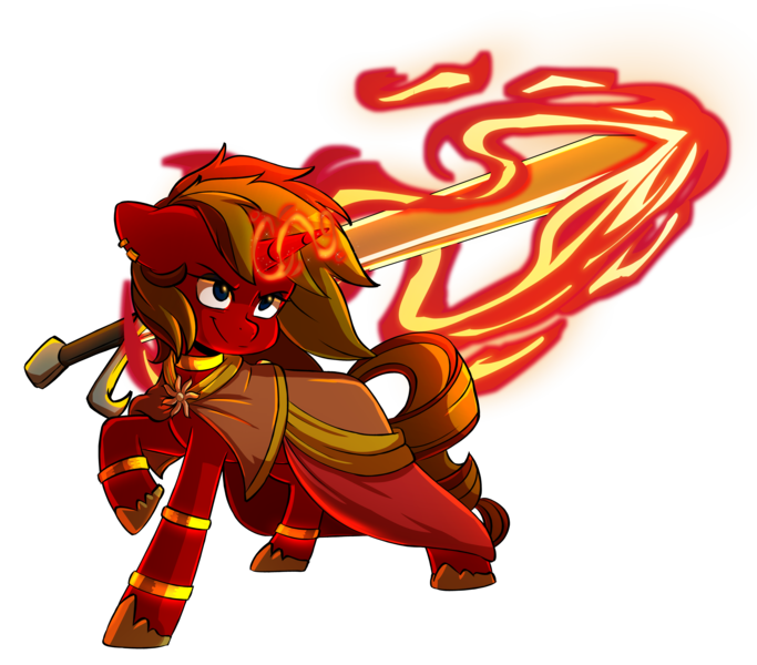 Size: 5080x4464 | Tagged: safe, artist:chub-wub, derpibooru import, oc, oc:nova glow, unofficial characters only, pony, unicorn, clothes, eyeshadow, female, flaming sword, horn, image, leg rings, magic, magic aura, makeup, mare, no source available, png, robe, simple background, solar empire, sword, transparent background, unicorn oc, weapon