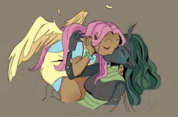 Size: 680x447 | Tagged: safe, artist:stevetwisp, derpibooru import, fluttershy, queen chrysalis, human, blushing, chrysashy, eyes closed, female, humanized, image, kissing, lesbian, moderate dark skin, png, shipping, winged humanization, wings