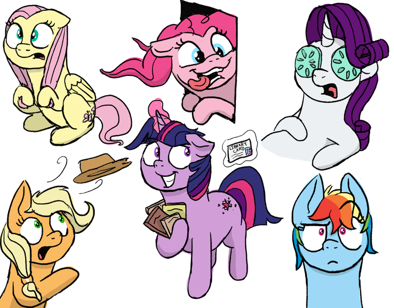 Size: 1251x977 | Tagged: safe, derpibooru import, applejack, fluttershy, pinkie pie, rainbow dash, rarity, twilight sparkle, earth pony, pegasus, pony, unicorn, applejack's hat, behaving like a dog, big grin, book, cowboy hat, cross-eyed, cucumber, doodle, female, food, frightened, grin, hair pulling, hat, image, levitation, library card, magic, mane six, mare, open mouth, pinpoint eyes, png, simple background, sketch, sketch dump, smiling, telekinesis, that pony sure does love books, tongue out, unicorn twilight, white background, wind, windswept mane