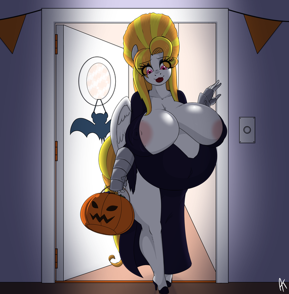 Size: 2656x2704 | Tagged: questionable, artist:appelknekten, derpibooru import, oc, oc:storm shield, unofficial characters only, anthro, pegasus, pony, areola, areola slip, big areola, big breasts, braless, breasts, busty oc, clothes, cosplay, costume, elvira, female, halloween, holiday, huge breasts, hyper, hyper breasts, image, impossibly large breasts, makeup, mare, milf, nipple slip, nipples, nudity, png, pregnant, pumpkin bucket, solo, solo female, thighs, thunder thighs, wardrobe malfunction