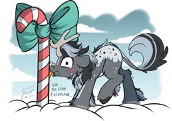 Size: 1063x752 | Tagged: safe, artist:julunis14, derpibooru import, oc, oc:charcoal, unofficial characters only, kirin, pony, image, jpeg, male, solo, stallion, stuck, tongue out, tongue stuck to pole, winter