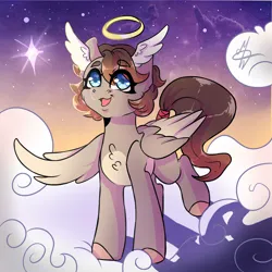 Size: 2500x2500 | Tagged: safe, artist:dark-reaper-0, derpibooru import, angel pony, original species, pony, angel, cloud, halo, high res, image, jpeg, on a cloud, one wing out, open mouth, raised leg, signature, sky, solo, standing on a cloud, stars, wings