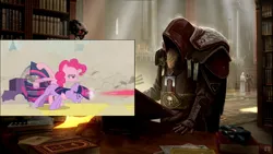 Size: 1920x1080 | Tagged: safe, derpibooru import, screencap, pinkie pie, twilight sparkle, a canterlot wedding, april fools, archway, book, bookshelf, image, meta, png, twigun, warhammer (game), warhammer 40k, youtube