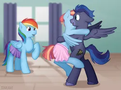 Size: 3107x2320 | Tagged: safe, artist:starlight, derpibooru import, rainbow dash, windy whistles, oc, oc:stormspark, pegasus, blushing, clothes, glomp, hug, image, miniskirt, pegasus oc, png, skirt, winghug, wings