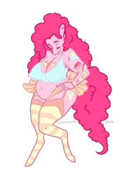 Size: 723x1023 | Tagged: suggestive, artist:vautaryt, derpibooru import, pinkie pie, anthro, unguligrade anthro, belly, belly button, big breasts, breasts, busty pinkie pie, clothes, ear piercing, erect nipples, fat, female, image, industrial piercing, nipple outline, piercing, png, pudgy pie, simple background, skirt, solo, solo female, striped stockings, tattoo, transparent background