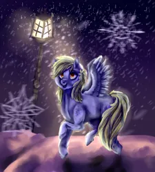Size: 1613x1796 | Tagged: safe, artist:temary03, derpibooru import, derpy hooves, pegasus, pony, female, image, lantern, mare, night, png, smiling, snow, solo, underp, winter