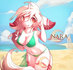 Size: 1024x970 | Tagged: suggestive, alternate version, artist:xennos, derpibooru import, oc, oc:nara, unofficial characters only, anthro, unicorn, beach, big ears, bikini, breasts, clothes, female, floppy ears, image, jpeg, long ears, looking at you, monicorn, ocean, peace sign, smiling, solo, solo female, swimsuit, tail, water