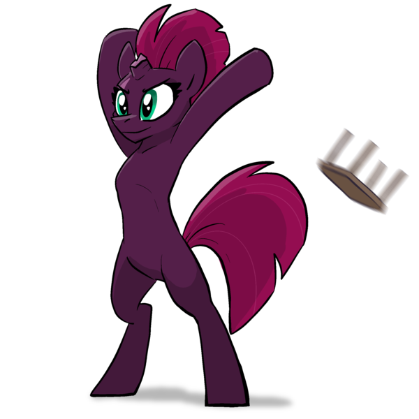 Size: 2048x2048 | Tagged: safe, artist:pfeffaroo, fizzlepop berrytwist, tempest shadow, pony, unicorn, my little pony: the movie, bipedal, broken horn, female, high res, hooves up, horn, image, mare, png, simple background, solo, table, table flip, three quarter view, white background