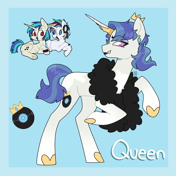 Size: 2000x2000 | Tagged: safe, artist:orionofthestars, derpibooru import, rarity, vinyl scratch, oc, oc:queen, pony, unicorn, alternate hairstyle, female, horn, image, jpeg, lesbian, magical lesbian spawn, offspring, parent:rarity, parent:vinyl scratch, parents:rariscratch, punk, raripunk, rariscratch, shipping, trio, unicorn oc