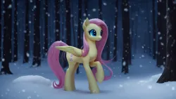 Size: 1024x576 | Tagged: safe, derpibooru import, machine learning assisted, machine learning generated, fluttershy, pegasus, pony, cute, female, forest, image, mare, png, snow, solo, tree