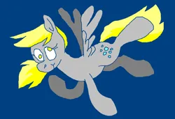 Size: 1296x886 | Tagged: safe, artist:msponies, derpibooru import, derpy hooves, pegasus, pony, blue background, female, flying, g4, image, mare, ms paint, png, raised hoof, requested art, simple background, smiling, solo, spread wings, tail, wings