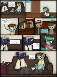 Size: 1750x2333 | Tagged: safe, artist:99999999000, derpibooru import, oc, oc:chen lifan, oc:li anna, unofficial characters only, pegasus, pony, comic:grow with children, comic, couch, door, female, filly, foal, glasses, image, mother, mother and child, mother and daughter, pegasus oc, png, speech bubble, wings