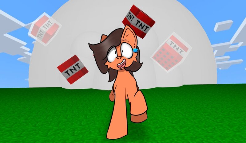 Size: 1239x721 | Tagged: safe, artist:cotarsis, derpibooru import, oc, oc:robertapuddin, earth pony, pony, cloud, cube, explode, explosives, grass, image, jpeg, minecraft, old art, running, sky, tnt