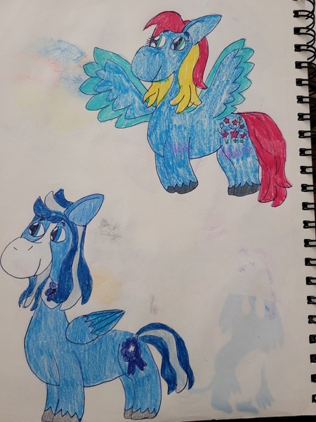 Size: 3024x4032 | Tagged: safe, artist:mintwhistle, derpibooru import, silver glow, thistle whistle, pegasus, pony, alternate cutie mark, bald face, blaze (coat marking), coat markings, colored pencil drawing, derpibooru exclusive, duo, duo male and female, facial markings, female, flying, g2, g3, g3 to g5, g5, generation leap, image, jpeg, looking left, male, mare, old art, redesign, rule 63, sketchbook, smiling, spread wings, stallion, traditional art, unshorn fetlocks, wings