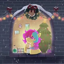 Size: 2048x2045 | Tagged: safe, artist:raindrophalo, derpibooru import, oc, unofficial characters only, earth pony, pony, chocolate, christmas, christmas lights, christmas tree, earth pony oc, erlenmeyer flask, female, flask, food, holiday, hot chocolate, image, jpeg, snow, snowfall, solo, string lights, test tube, tree