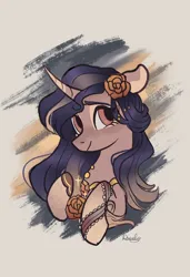 Size: 1404x2048 | Tagged: safe, artist:raindrophalo, derpibooru import, oc, unofficial characters only, pony, unicorn, curved horn, female, flower, flower in hair, horn, image, jpeg, partial background, solo, unicorn oc