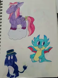 Size: 3024x4032 | Tagged: safe, artist:mintwhistle, derpibooru import, sparky sparkeroni, starsong, oc, dragon, original species, pegasus, pony, :p, baby, baby dragon, bow, cloud, colored pencil drawing, creature, cute, derpibooru exclusive, female, folded wings, g3, g3 to g5, g5, generation leap, hairclip, hat, image, jpeg, looking back, male, mare, non-pony oc, old art, sitting, sketchbook, sparkybetes, spread wings, standing, tail, tail bow, tongue out, traditional art, trio, unshorn fetlocks, wings