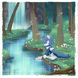 Size: 2046x2048 | Tagged: safe, artist:raindrophalo, derpibooru import, oc, unofficial characters only, pony, female, flower, forest, image, jpeg, mushroom, paper boat, river, solo, stream, tree, water, waterfall