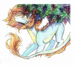 Size: 1280x1131 | Tagged: safe, artist:dorry, derpibooru import, oc, unofficial characters only, pony, food, freckles, grapes, image, jpeg, leaves, leonine tail, markings, scanned, solo, tail, traditional art, watercolor painting, white frame