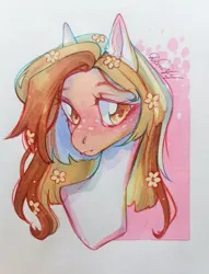 Size: 823x1080 | Tagged: safe, artist:dorry, derpibooru import, pony, bust, flower, flower in hair, image, jpeg, looking away, partial background, photo, portrait, simple background, traditional art, watercolor painting, white background