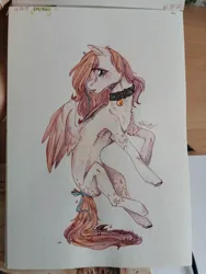 Size: 810x1080 | Tagged: safe, artist:dorry, derpibooru import, oc, pegasus, pony, bell, bell collar, collar, image, jpeg, pegasus oc, photo, ribbon, simple background, traditional art, watercolor painting, white background, wings