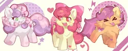 Size: 3786x1519 | Tagged: safe, artist:lumivillle, derpibooru import, apple bloom, scootaloo, sweetie belle, earth pony, pegasus, pony, unicorn, >.<, ><, adorabloom, apple bloom's bow, bow, cute, cutealoo, cutie mark crusaders, diasweetes, eyes closed, female, filly, hair bow, image, open mouth, png