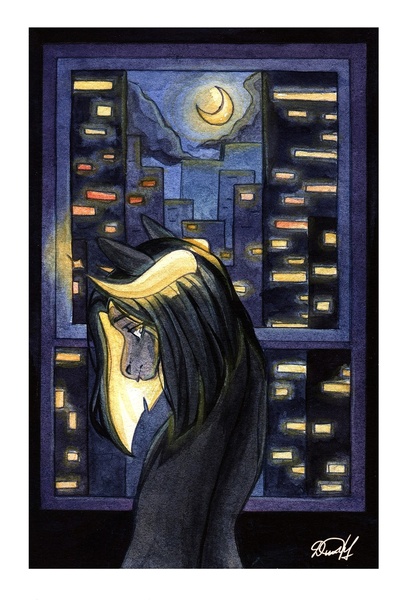 Size: 725x1080 | Tagged: safe, artist:dorry, derpibooru import, oc, unofficial characters only, pony, city, image, jpeg, looking back, looking out the window, moon, moonlight, night, signature, solo, traditional art, watercolor painting, white frame, window