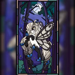 Size: 2048x2048 | Tagged: safe, artist:raindrophalo, derpibooru import, oc, unofficial characters only, insect, moth, mothpony, original species, commission, female, image, jpeg, moth pony oc, solo, stained glass window