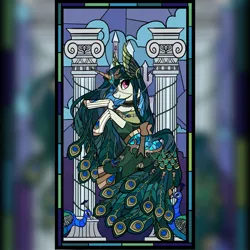 Size: 2048x2048 | Tagged: safe, artist:raindrophalo, derpibooru import, oc, unofficial characters only, bird, peacock, pony, unicorn, commission, female, horn, image, jpeg, solo, stained glass window, unicorn oc