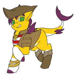 Size: 2330x2347 | Tagged: safe, artist:dirtpecker, derpibooru import, oc, oc:yellow jack, unofficial characters only, original species, shark, shark pony, horn, image, multiple horns, pirate, png, simple background, smug, solo, transparent background, tricorn