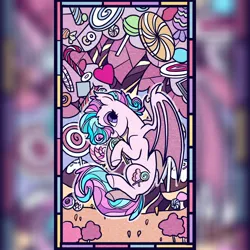 Size: 2048x2048 | Tagged: safe, artist:raindrophalo, derpibooru import, oc, unofficial characters only, bat pony, pony, bat pony oc, bat wings, candy, commission, food, image, jpeg, solo, stained glass window, wings