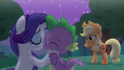 Size: 1333x750 | Tagged: safe, artist:georgegarza01, derpibooru import, screencap, applejack, rarity, spike, dragon, earth pony, pony, unicorn, boop, cute, eyes closed, fan animation, female, giggling, holding hands, hooves on cheeks, image, jpeg, male, night, noseboop, shipper on deck, shipperjack, shipping, show accurate, smiling, sparity, straight, youtube link