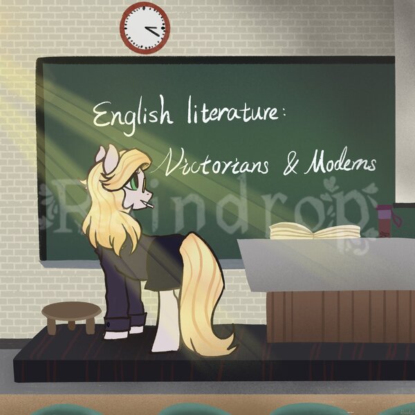 Size: 2048x2048 | Tagged: safe, artist:raindrophalo, derpibooru import, oc, unofficial characters only, earth pony, pony, book, chalkboard, clock, clothes, commission, crepuscular rays, earth pony oc, female, image, jpeg, solo, teacher