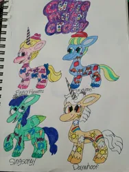 Size: 3024x4032 | Tagged: safe, derpibooru import, part of a set, oc, oc:daywhoof, oc:fancy flutters, oc:playtime, oc:singsongy, unofficial characters only, earth pony, pegasus, pony, unicorn, baseball cap, cap, colored hooves, colored pencil drawing, crown, cutie mark, derpibooru exclusive, diadem, earth pony oc, feathered fetlocks, female, g5, g5 oc, hat, headband, horn, image, jewelry, jpeg, logo, looking at each other, looking at someone, looking back, looking up, male, mare, one eye closed, open mouth, open smile, pegasus oc, raised hoof, regalia, sketchbook, smiling, stallion, traditional art, unicorn oc, unshorn fetlocks, wings, wink